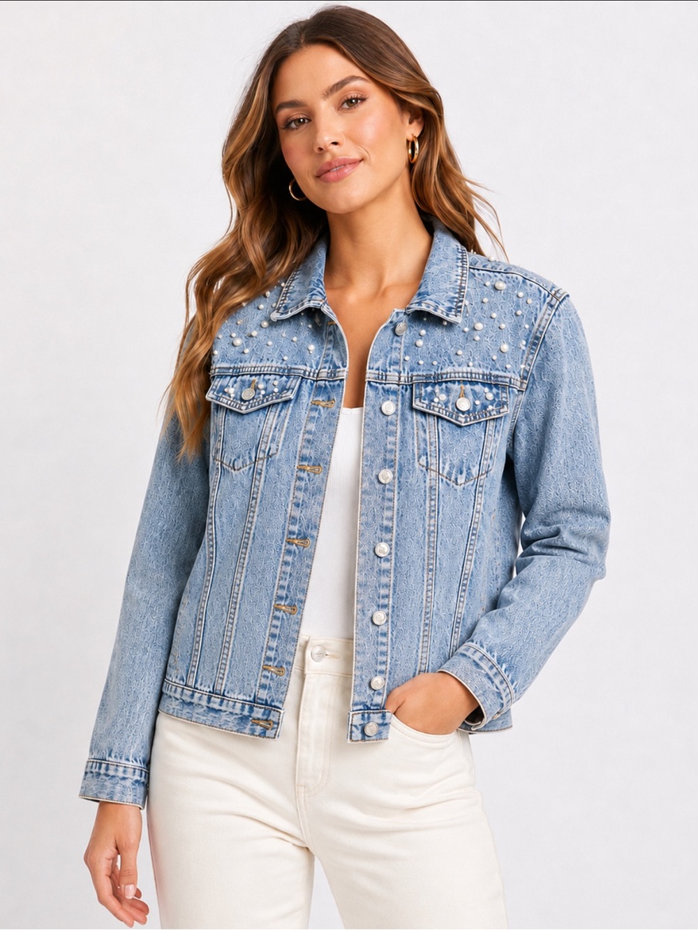 Women’s Pearl Embellished Denim Jacket Light Wash Button Front - Size Large